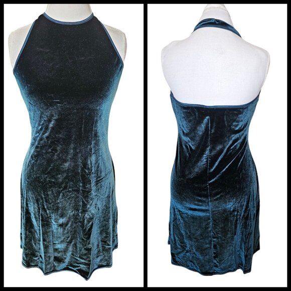Vintage Dresses & Skirts - 90s Womens Medium‎ Velvet Halter Mini Dress Dark Green Stretchy Party Formal
